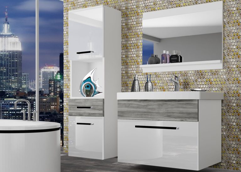 Mobili da bagno Belini bianco lucido / grigio antracite Glamour Wood + lavabo + specchio Produttore ROD PM 3/0/W/WGW1/0/ZW