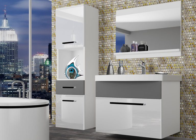 Mobili da bagno Belini bianco lucido / grigio opaco + lavabo + specchio Produttore ROD PM 3/0/W/WSR/0/ZW