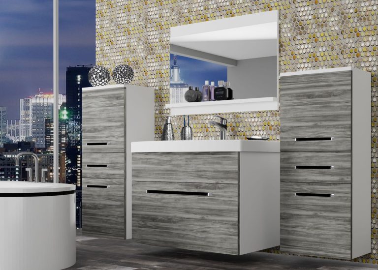 Mobili da bagno Belini grigio antracite Glamour Wood + lavabo + specchio Produttore ROD M 4/0/W/GW1/0/ZW