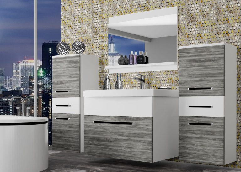Mobili da bagno Belini grigio antracite Glamour Wood / bianco opaco + lavabo + specchio Produttore ROD M 4/0/W/GW1W/0/ZW