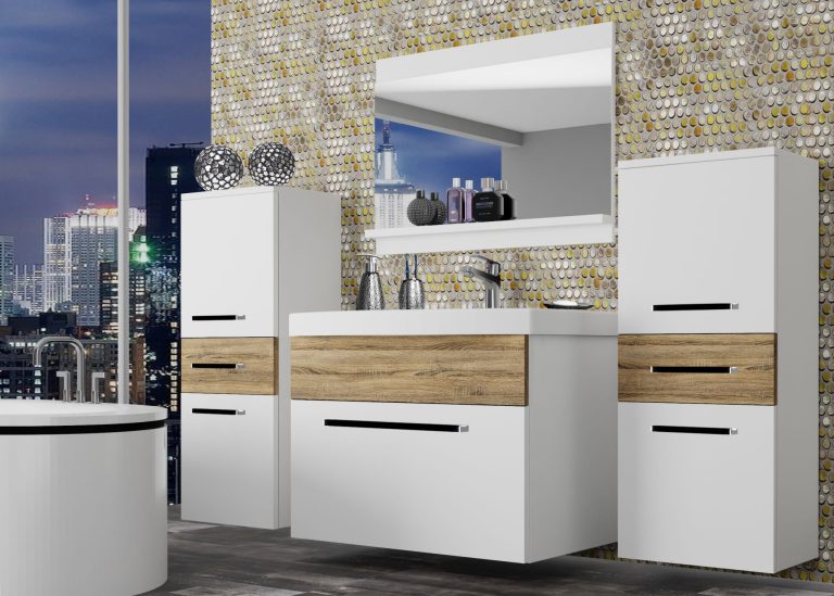 Mobili da bagno Belini bianco opaco / rovere sonoma + lavabo + specchio Produttore ROD M 4/0/W/WDS/0/ZW