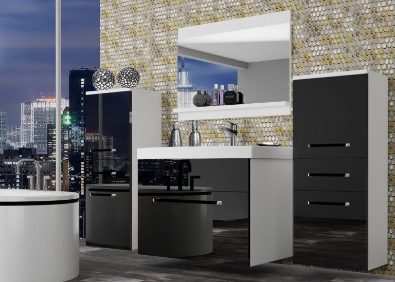 Mobili da bagno Belini nero lucido + lavabo + specchio Produttore ROD P 4/0/W/B/0/ZW