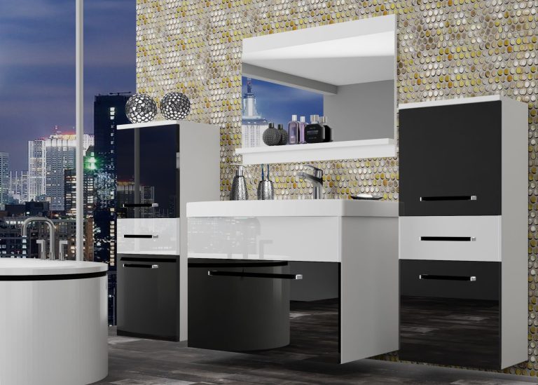 Mobili da bagno Belini nero lucido / bianco lucido + lavabo + specchio Produttore ROD P 4/0/W/BW/0/ZW