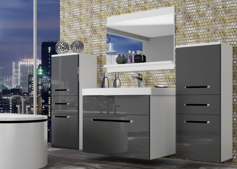 Mobili da bagno Belini grigio lucido + lavabo + specchio Produttore ROD P 4/0/W/S/0/ZW