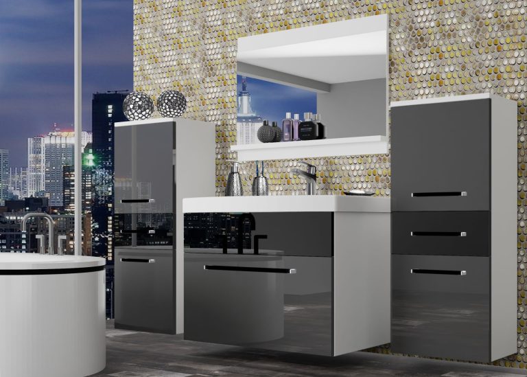 Mobili da bagno Belini grigio lucido / nero lucido + lavabo + specchio Produttore ROD P 4/0/W/SB/0/ZW