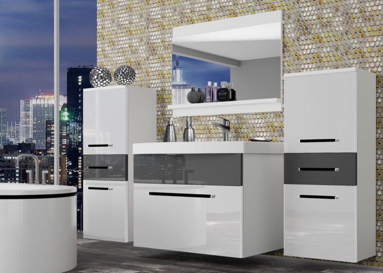 Mobili da bagno Belini bianco lucido / grigio lucido + lavabo + specchio Produttore ROD P 4/0/W/WS/0/ZW