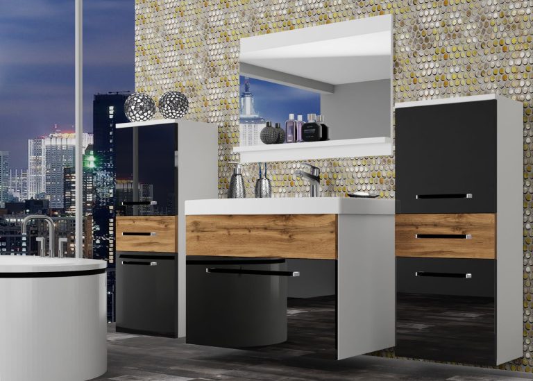 Mobili da bagno Belini nero lucido / rovere wotan + lavabo + specchio Produttore ROD PM 4/0/W/BDW/0/ZW