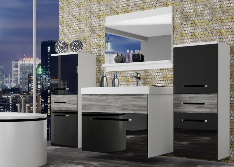 Mobili da bagno Belini nero lucido / grigio antracite Glamour Wood + lavabo + specchio Produttore ROD PM 4/0/W/BGW1/0/ZW