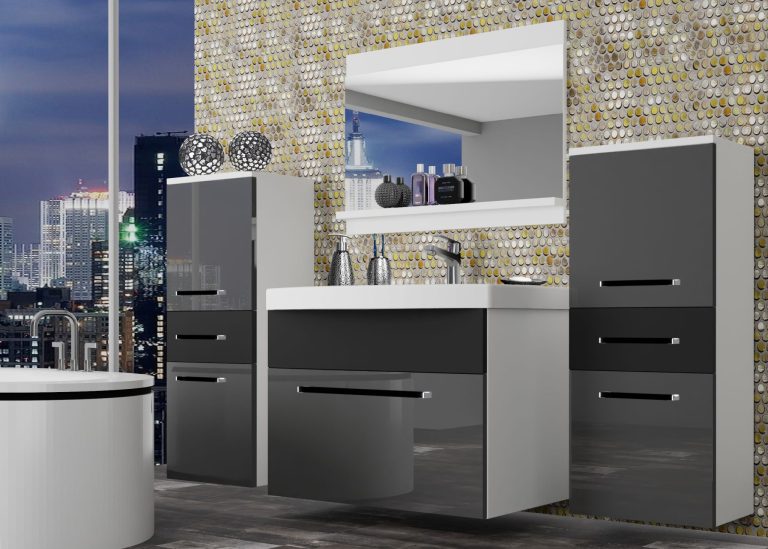Mobili da bagno Belini grigio lucido / nero opaco + lavabo + specchio Produttore ROD PM 4/0/W/SB/0/ZW