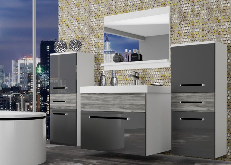 Mobili da bagno Belini grigio lucido / grigio antracite Glamour Wood + lavabo + specchio Produttore ROD PM 4/0/W/SGW1/0/ZW