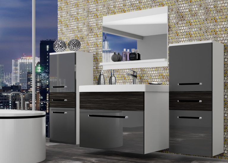 Mobili da bagno Belini grigio lucido / ebano reale + lavabo + specchio Produttore ROD PM 4/0/W/SHK/0/ZW