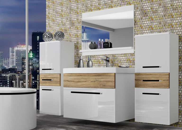 Mobili da bagno Belini bianco lucido / rovere sonoma + lavabo + specchio Produttore ROD PM 4/0/W/WDS/0/ZW