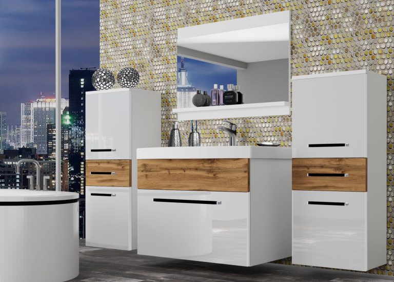 Mobili da bagno Belini bianco lucido / rovere wotan + lavabo + specchio Produttore ROD PM 4/0/W/WDW/0/ZW