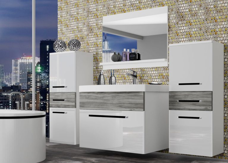 Mobili da bagno Belini bianco lucido / grigio antracite Glamour Wood + lavabo + specchio Produttore ROD PM 4/0/W/WGW1/0/ZW
