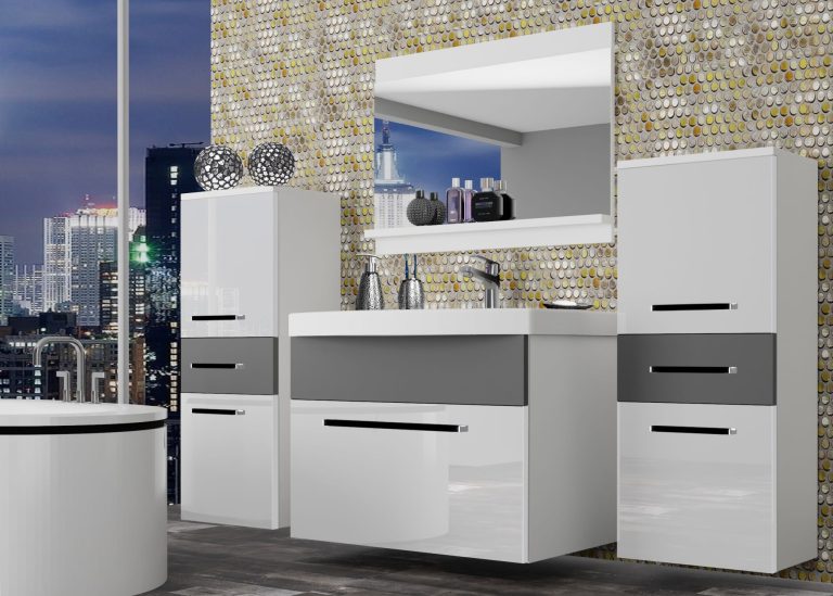 Mobili da bagno Belini bianco lucido / grigio opaco + lavabo + specchio Produttore ROD PM 4/0/W/WSR/0/ZW