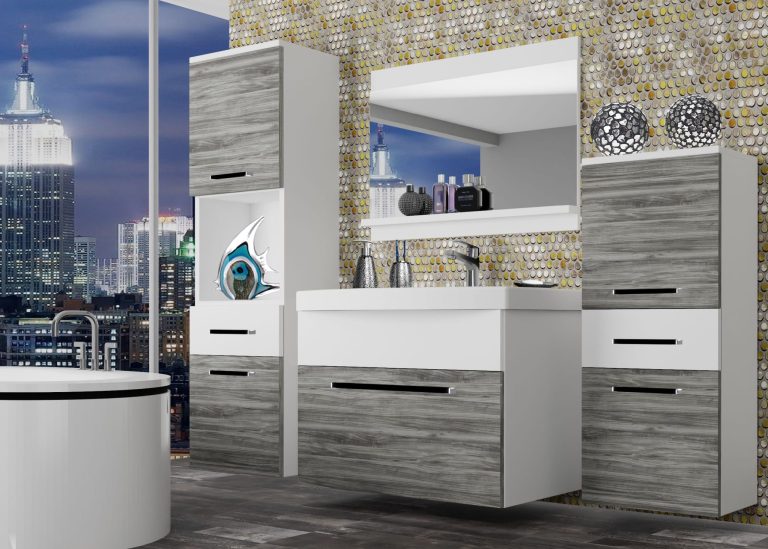 Mobili da bagno Belini grigio antracite Glamour Wood / bianco opaco + lavabo + specchio Produttore ROD M 5/0/W/GW1W/0/ZW