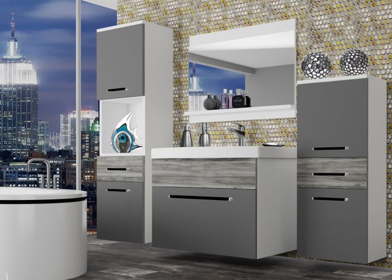 Mobili da bagno Belini grigio opaco / grigio antracite Glamour Wood + lavabo + specchio Produttore ROD M 5/0/W/SRGW1/0/ZW