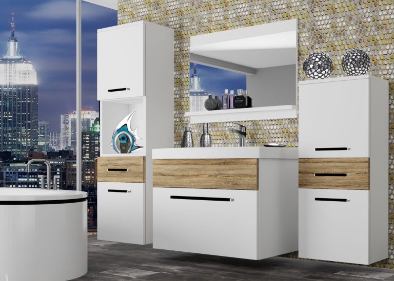 Mobili da bagno Belini bianco opaco / rovere sonoma + lavabo + specchio Produttore ROD M 5/0/W/WDS/0/ZW