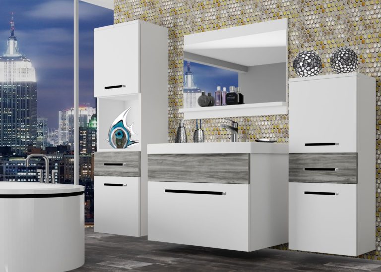 Mobili da bagno Belini bianco opaco / grigio antracite Glamour Wood + lavabo + specchio Produttore ROD M 5/0/W/WGW1/0/ZW
