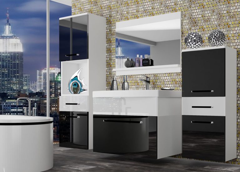 Mobili da bagno Belini nero lucido / bianco lucido + lavabo + specchio Produttore ROD P 5/0/W/BW/0/ZW