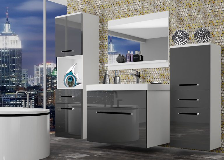 Mobili da bagno Belini grigio lucido + lavabo + specchio Produttore ROD P 5/0/W/S/0/ZW