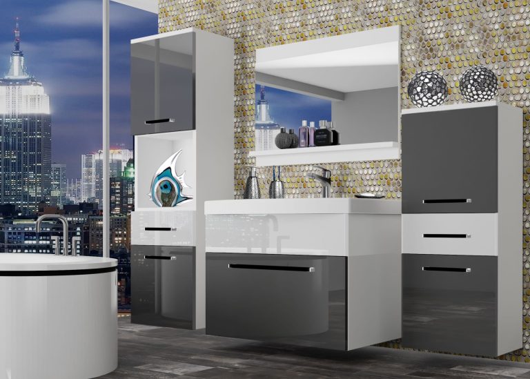 Mobili da bagno Belini grigio lucido / bianco lucido + lavabo + specchio Produttore ROD P 5/0/W/SW/0/ZW
