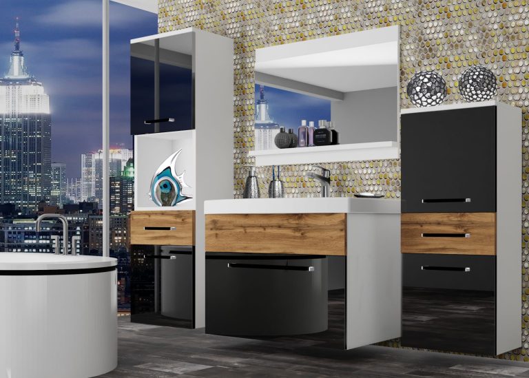 Mobili da bagno Belini nero lucido / rovere wotan + lavabo + specchio Produttore ROD PM 5/0/W/BDW/0/ZW