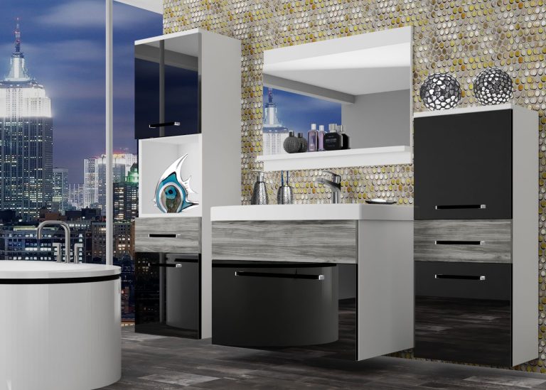 Mobili da bagno Belini nero lucido / grigio antracite Glamour Wood + lavabo + specchio Produttore ROD PM 5/0/W/BGW1/0/ZW