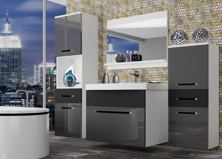 Mobili da bagno Belini grigio lucido / nero opaco + lavabo + specchio Produttore ROD PM 5/0/W/SB/0/ZW