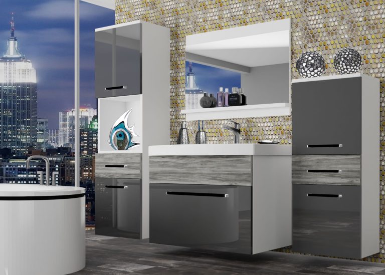 Mobili da bagno Belini grigio lucido / grigio antracite Glamour Wood + lavabo + specchio Produttore ROD PM 5/0/W/SGW1/0/ZW