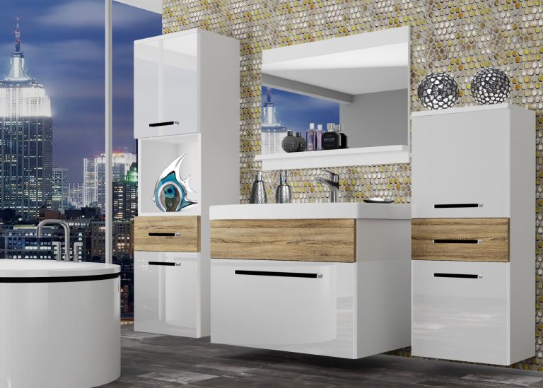 Mobili da bagno Belini bianco lucido / rovere sonoma + lavabo + specchio Produttore ROD PM 5/0/W/WDS/0/ZW