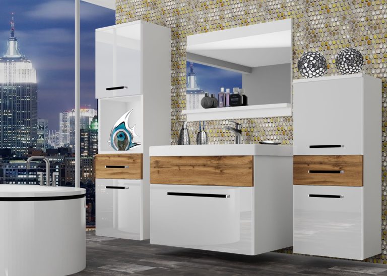Mobili da bagno Belini bianco lucido / rovere wotan + lavabo + specchio Produttore ROD PM 5/0/W/WDW/0/ZW