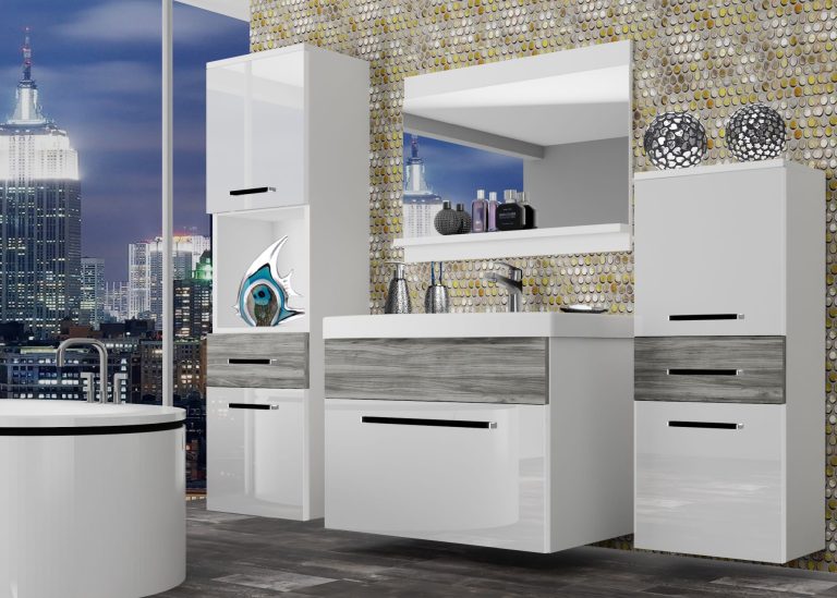 Mobili da bagno Belini bianco lucido / grigio antracite Glamour Wood + lavabo + specchio Produttore ROD PM 5/0/W/WGW1/0/ZW