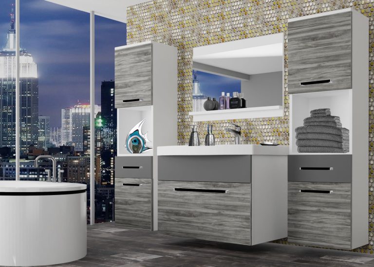 Mobili da bagno Belini grigio antracite Glamour Wood / grigio opaco + lavabo + specchio Produttore ROD M 6/0/W/GW1SR/0/ZW