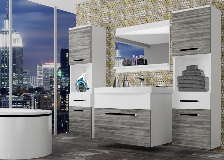 Mobili da bagno Belini grigio antracite Glamour Wood / bianco opaco + lavabo + specchio Produttore ROD M 6/0/W/GW1W/0/ZW