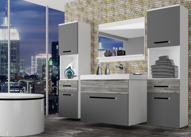Mobili da bagno Belini grigio opaco / grigio antracite Glamour Wood + lavabo + specchio Produttore ROD M 6/0/W/SRGW1/0/ZW