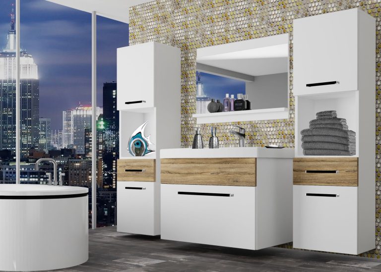 Mobili da bagno Belini bianco opaco / rovere sonoma + lavabo + specchio Produttore ROD M 6/0/W/WDS/0/ZW