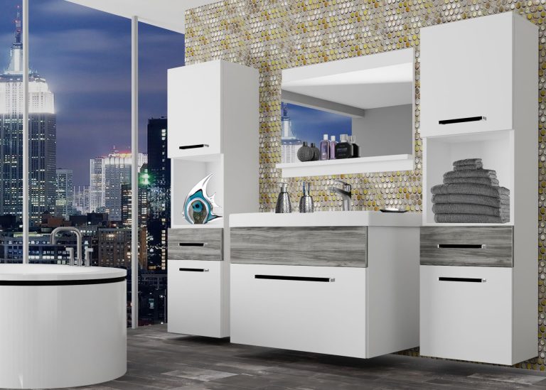 Mobili da bagno Belini bianco opaco / grigio antracite Glamour Wood + lavabo + specchio Produttore ROD M 6/0/W/WGW1/0/ZW