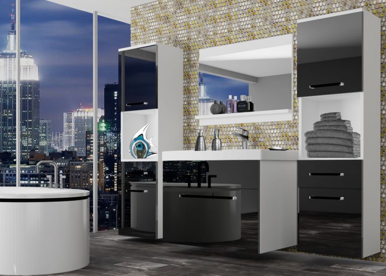 Mobili da bagno Belini nero lucido + lavabo + specchio Produttore ROD P 6/0/W/B/0/ZW