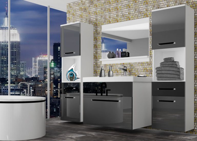 Mobili da bagno Belini grigio lucido / nero lucido + lavabo + specchio Produttore ROD P 6/0/W/SB/0/ZW
