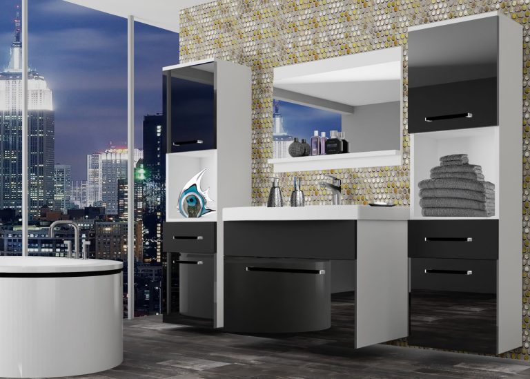 Mobili da bagno Belini nero lucido / nero opaco + lavabo + specchio Produttore ROD PM 6/0/W/BB/0/ZW