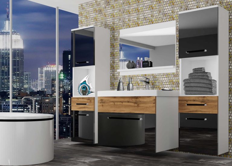 Mobili da bagno Belini nero lucido / rovere wotan + lavabo + specchio Produttore ROD PM 6/0/W/BDW/0/ZW