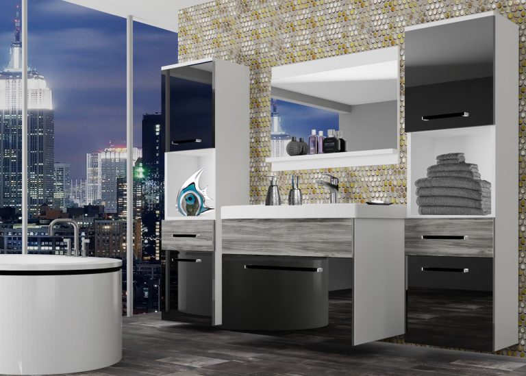 Mobili da bagno Belini nero lucido / grigio antracite Glamour Wood + lavabo + specchio Produttore ROD PM 6/0/W/BGW1/0/ZW