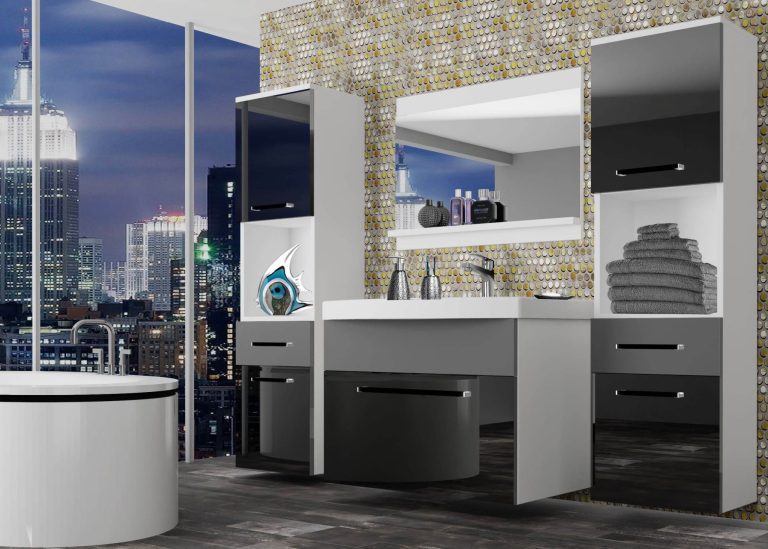 Mobili da bagno Belini nero lucido / grigio opaco + lavabo + specchio Produttore ROD PM 6/0/W/BSR/0/ZW