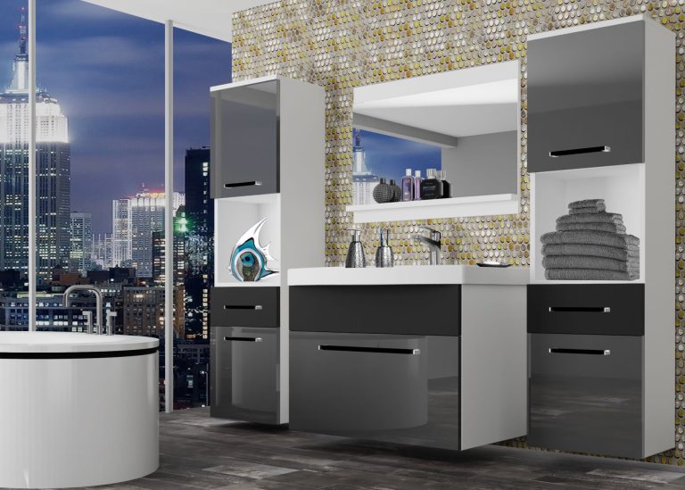 Mobili da bagno Belini grigio lucido / nero opaco + lavabo + specchio Produttore ROD PM 6/0/W/SB/0/ZW