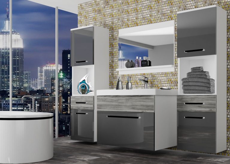 Mobili da bagno Belini grigio lucido / grigio antracite Glamour Wood + lavabo + specchio Produttore ROD PM 6/0/W/SGW1/0/ZW