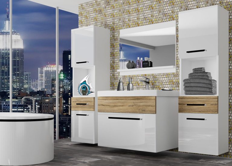 Mobili da bagno Belini bianco lucido / rovere sonoma + lavabo + specchio Produttore ROD PM 6/0/W/WDS/0/ZW