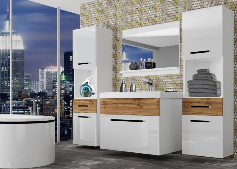 Mobili da bagno Belini bianco lucido / rovere wotan + lavabo + specchio Produttore ROD PM 6/0/W/WDW/0/ZW