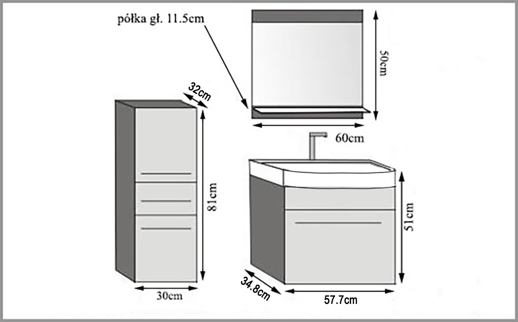 Mobili da bagno Belini grigio opaco / bianco opaco + lavabo + specchio Produttore ROD M 2/0/W/SRW/0/ZW
