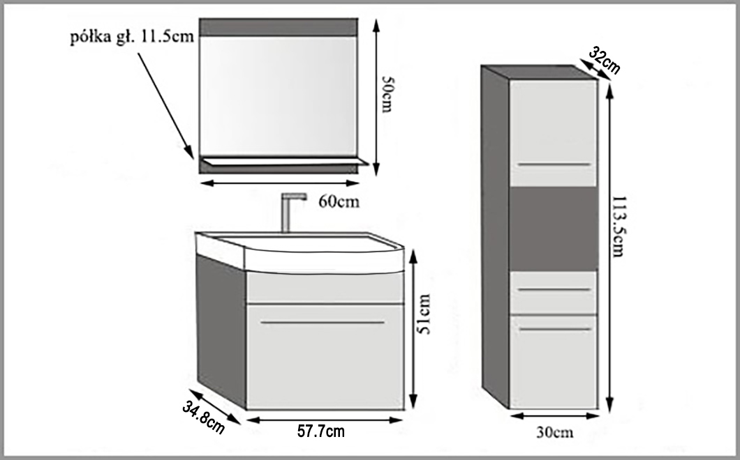 Mobili da bagno Belini nero lucido / grigio lucido + lavabo + specchio Produttore ROD P 3/0/W/BS/0/ZW